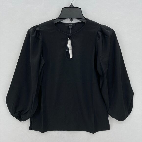 J.Crew Puff Sleeve Satin Back Crepe‎ Top Women's XXSP Black Keyhole Neckline NWT - Picture 1 of 13